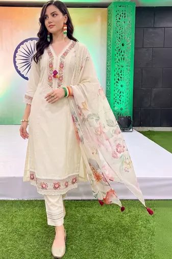 women floral embroidered regular thread work kurta with trousers & with dupatta