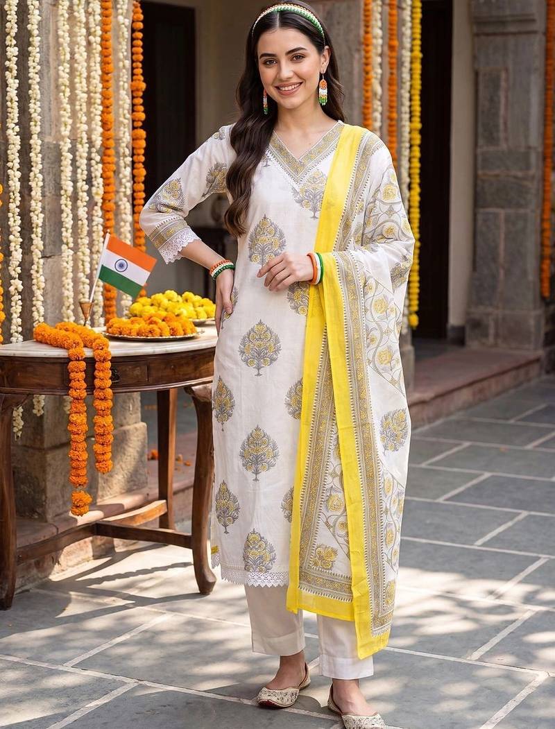 women floral printed regular cotton kurta with trousers & with dupatta