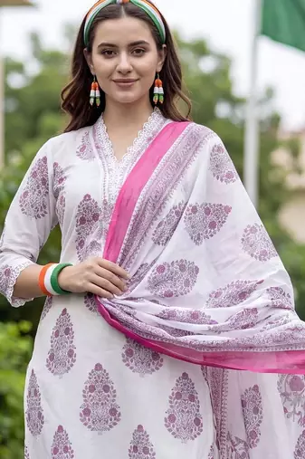 women ethnic motifs printed regular cotton kurta with trousers & with dupatta