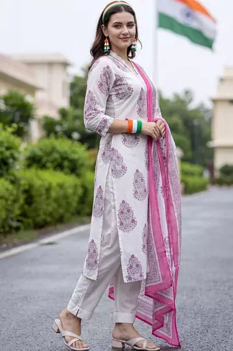 women ethnic motifs printed regular cotton kurta with trousers & with dupatta