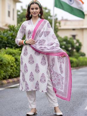 women ethnic motifs printed regular cotton kurta with trousers & with dupatta 6