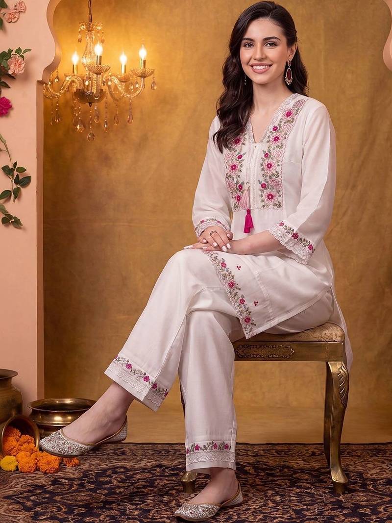 women floral embroidered regular thread work kurta with trousers