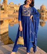 women ethnic motifs embroidered empire thread work kurta with trousers & with dupatta