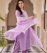 women regular thread work kurta with trousers & with dupatta