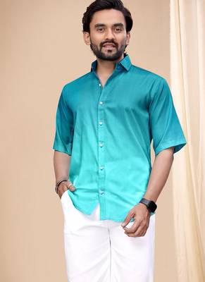 Turquoise blue soft cotton plain shirt 2