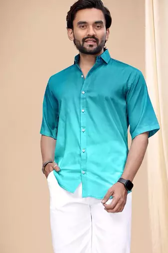 Turquoise blue soft cotton plain shirt