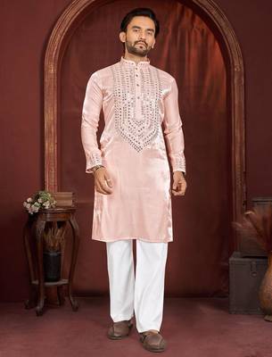 Peach premium viscose silk original mirror work kurta pajama 1