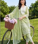women ethnic motifs embroidered regular thread work cotton kurta with trousers & with dupatta