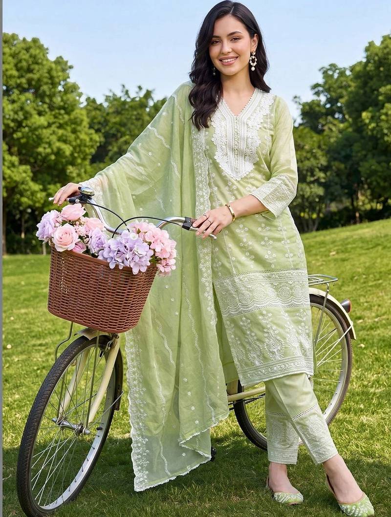 women ethnic motifs embroidered regular thread work cotton kurta with trousers & with dupatta