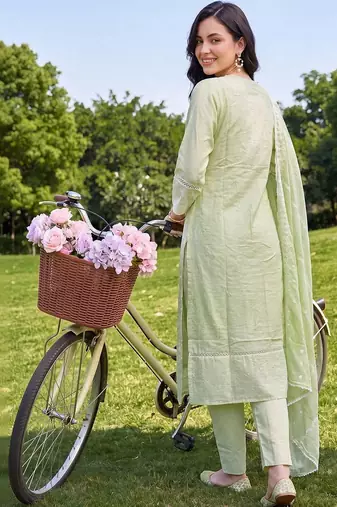 women ethnic motifs embroidered regular thread work cotton kurta with trousers & with dupatta