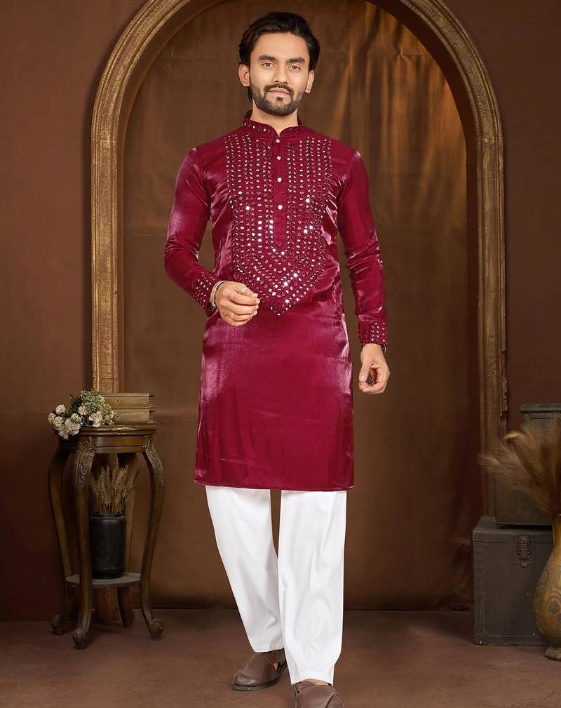 Magenta premium viscose silk original mirror work kurta pajama