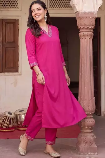 women ethnic motifs embroidered regular thread work kurta with trousers