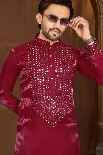 Magenta premium viscose silk original mirror work kurta pajama