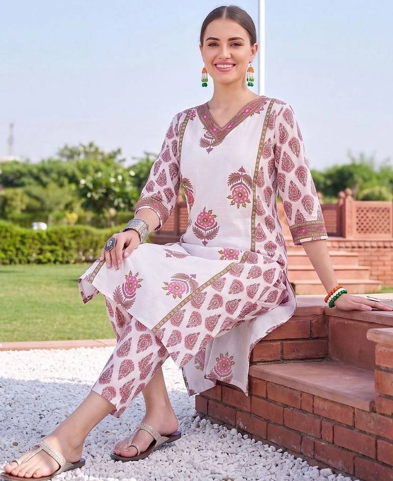 women floral printed regular cotton kurta with trousers