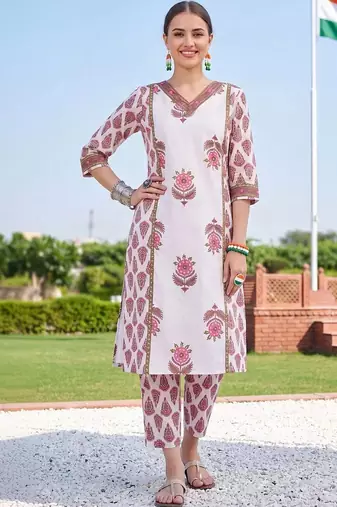 women floral printed regular cotton kurta with trousers