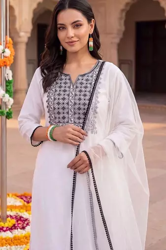 women ethnic motifs embroidered regular thread work kurta with trousers & with dupatta