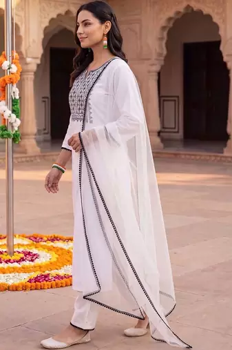 women ethnic motifs embroidered regular thread work kurta with trousers & with dupatta