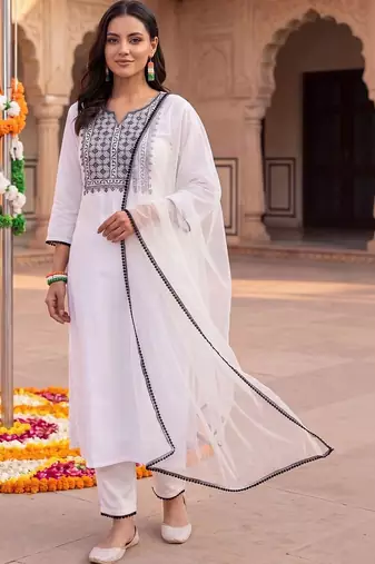 women ethnic motifs embroidered regular thread work kurta with trousers & with dupatta