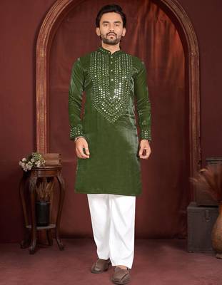 Green premium viscose silk original mirror work kurta pajama 1