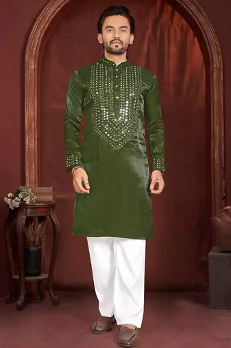 Green premium viscose silk original mirror work kurta pajama