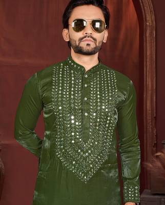 Green premium viscose silk original mirror work kurta pajama 2