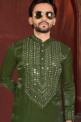 Green premium viscose silk original mirror work kurta pajama