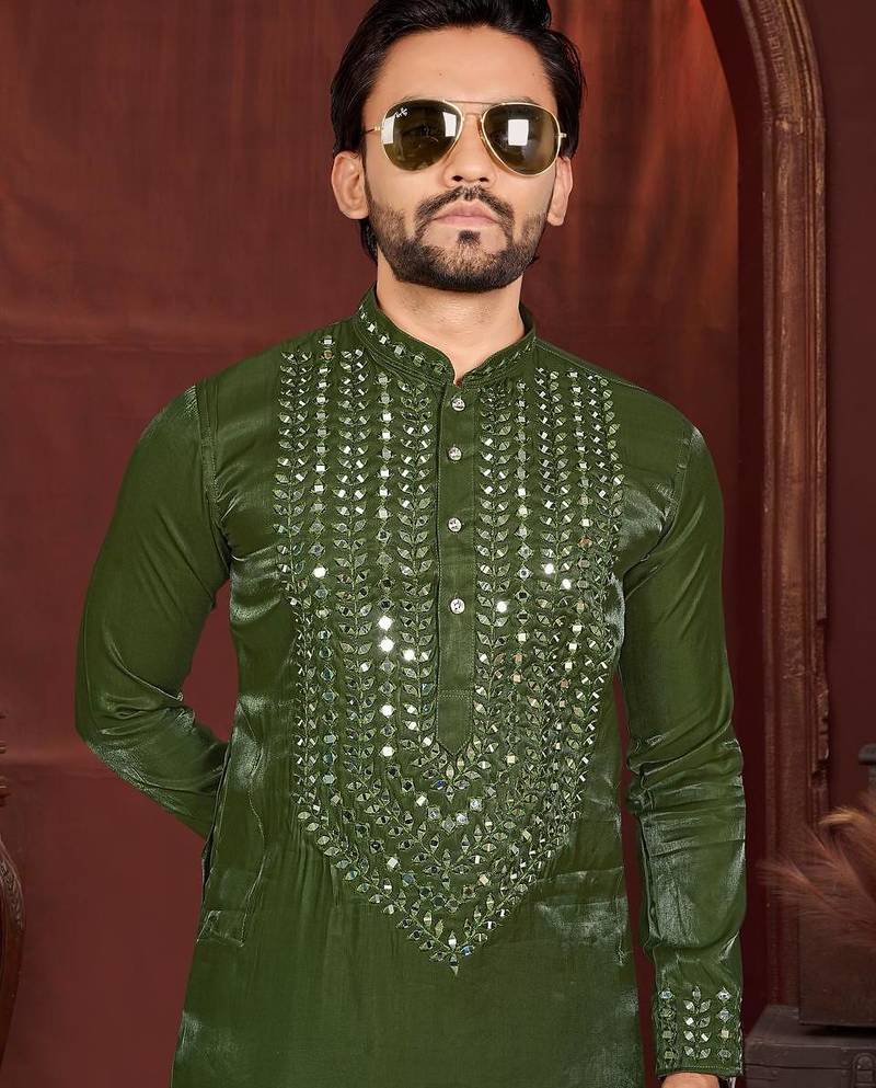 Green premium viscose silk original mirror work kurta pajama
