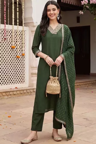 women ethnic motifs embroidered regular kurta with trousers & with dupatta