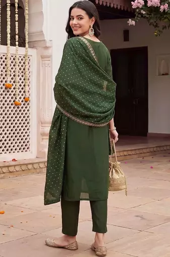 women ethnic motifs embroidered regular kurta with trousers & with dupatta