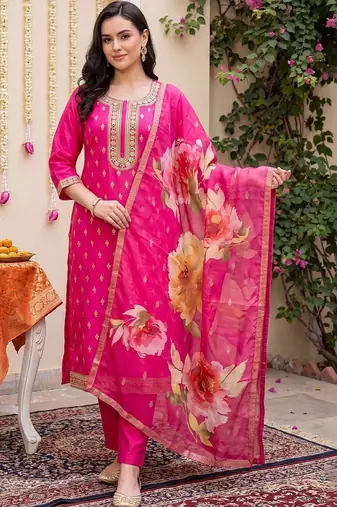women ethnic motifs embroidered regular kurta with trousers & with dupatta