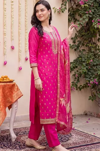 women ethnic motifs embroidered regular kurta with trousers & with dupatta