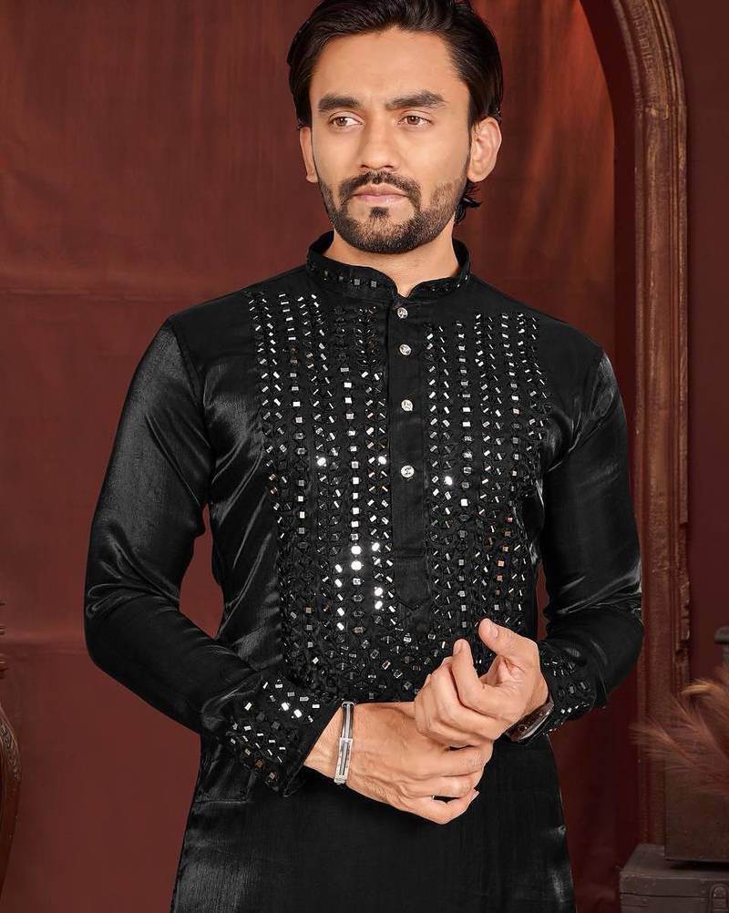 Black premium viscose silk original mirror work kurta pajama