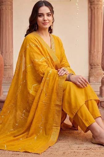 women ethnic motifs embroidered regular sequinned kurta with trousers & with dupatta
