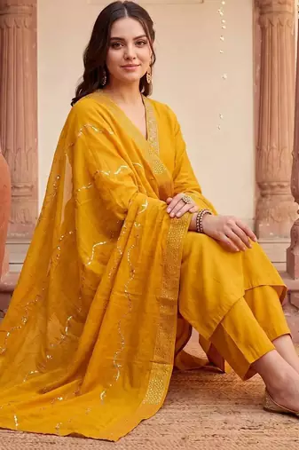 women ethnic motifs embroidered regular sequinned kurta with trousers & with dupatta