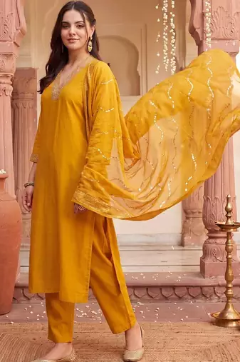 women ethnic motifs embroidered regular sequinned kurta with trousers & with dupatta