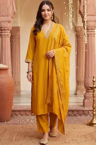 women ethnic motifs embroidered regular sequinned kurta with trousers & with dupatta
