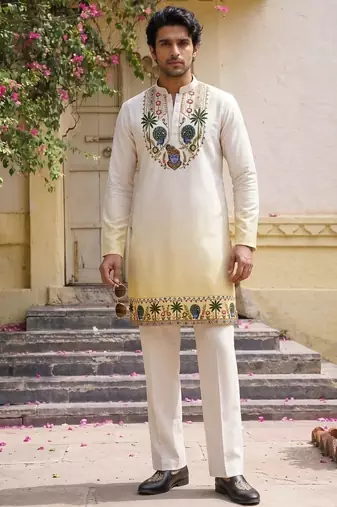 Yellow cotton diamond work kurta pajama