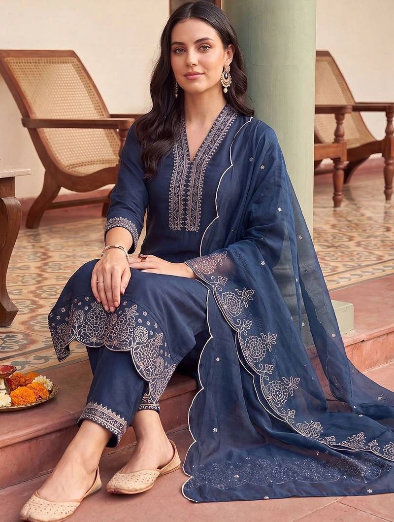 women ethnic motifs embroidered regular kurta with trousers & with dupatta