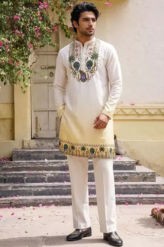 Yellow cotton diamond work kurta pajama