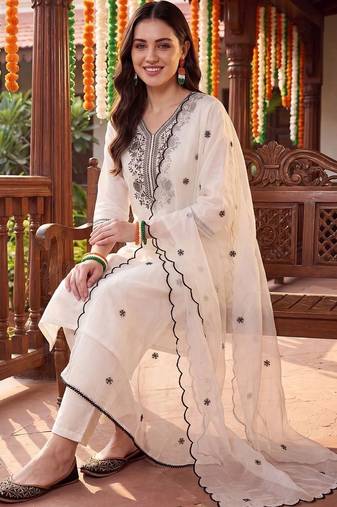 women ethnic motifs embroidered regular thread work kurta with trousers & with dupatta