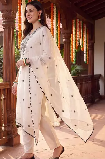 women ethnic motifs embroidered regular thread work kurta with trousers & with dupatta