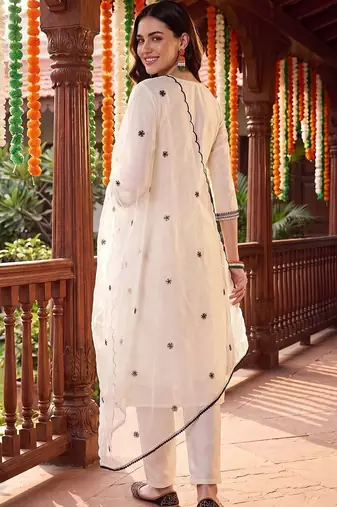 women ethnic motifs embroidered regular thread work kurta with trousers & with dupatta