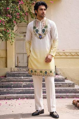 Yellow cotton diamond work kurta pajama 1