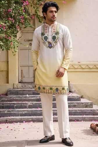 Yellow cotton diamond work kurta pajama