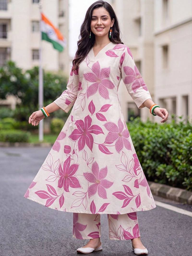 women floral printed regular cotton kurta with palazzos