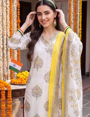 women ethnic motifs printed regular cotton kurta with trousers & with dupatta 2