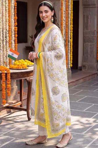 women ethnic motifs printed regular cotton kurta with trousers & with dupatta