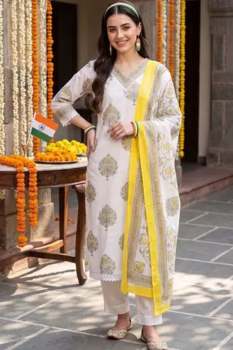 women ethnic motifs printed regular cotton kurta with trousers & with dupatta