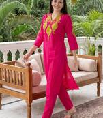 women ethnic motifs embroidered regular thread work cotton kurta with trousers