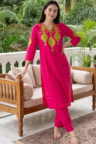 women ethnic motifs embroidered regular thread work cotton kurta with trousers